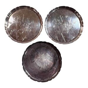 Set 3 Antique Pure Silver K Hattori Engraved Floral Pattern Coasters 3" 85g READ